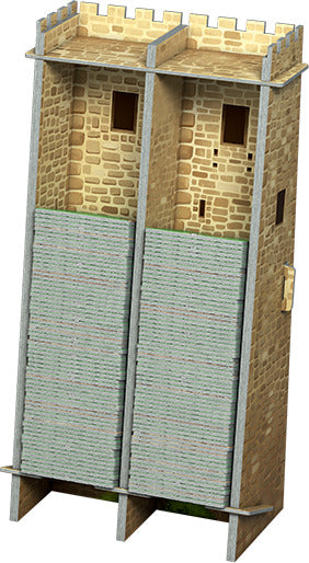 Carcassonne: Expansion 4 – The Tower game component featuring a detailed two-tower structure made of high-quality material. The towers are designed with realistic stone textures and include openings for gameplay mechanics.