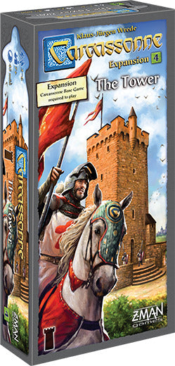 Carcassonne: Expansion 4 – The Tower game box featuring a knight on horseback in front of a castle tower. The design includes vibrant colors and medieval elements.