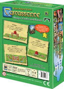 The box for Carcassonne: Expansion 8 – Bridges, Castles and Bazaars, featuring vibrant green design. The back displays game components, including bridges, castles, and bazaars with an explanation of gameplay. Z-Man Games logo is visible, along with recommended age and playing time of 35-70 minutes.