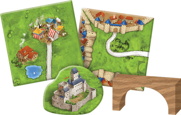 Carcassonne: Expansion 8 – Bridges, Castles and Bazaars features new game tiles, including landscapes, castles, and bridges. The expansion enhances gameplay and strategy.
