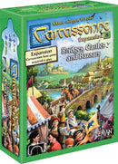Carcassonne: Expansion 8 – Bridges, Castles and Bazaars box art featuring colorful illustrations of a medieval landscape with bridges, castles, and a bustling market scene. The box states it’s an expansion requiring the base Carcassonne game to play, designed by Klaus-Jürgen Wrede and published by Z-Man Games.