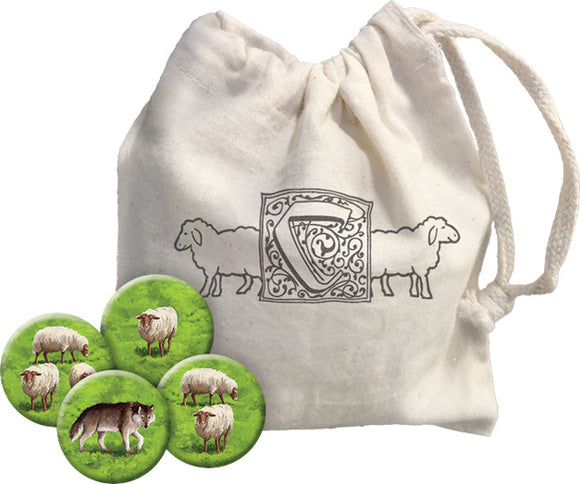 Carcassonne: Expansion 9 – Hills & Sheep game by Z-Man, featuring a drawstring bag adorned with sheep designs, alongside circular tokens depicting sheep and a wolf on green grass.