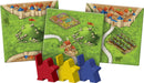 Carcassonne: Expansion 9 – Hills & Sheep game components including three game tiles featuring scenic landscapes with fields, livestock, and roads, along with colored meeples in red, yellow, and blue.