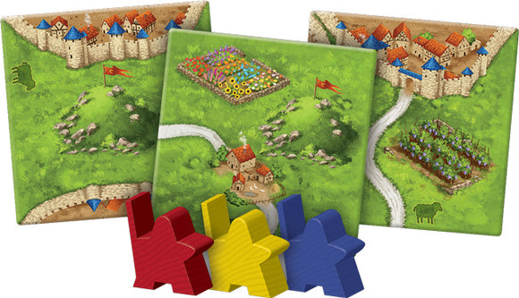 Carcassonne: Expansion 9 – Hills & Sheep game components including three game tiles featuring scenic landscapes with fields, livestock, and roads, along with colored meeples in red, yellow, and blue.