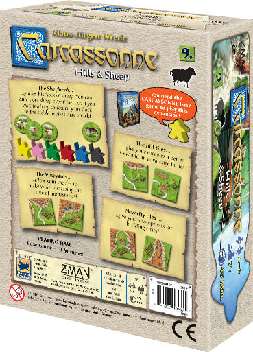 The Carcassonne: Expansion 9 – Hills & Sheep game box showcasing its components including sheep tokens, hill and vineyard tiles, highlighting that this expansion requires the base game. Features logos for Z-Man Games and playing time of approximately 10 minutes.