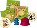 Carcassonne: Expansion 10 – Under the Big Top game components including illustrated tiles showing farmland and circus elements, feature colorful meeples, a big top tent, and numbered tokens with animals.