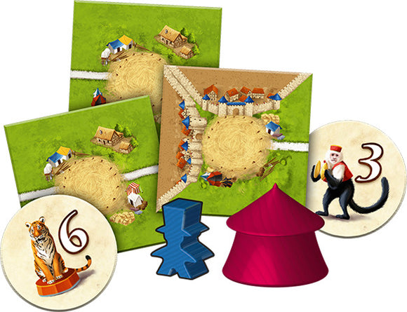 Carcassonne: Expansion 10 – Under the Big Top game components including illustrated tiles showing farmland and circus elements, feature colorful meeples, a big top tent, and numbered tokens with animals.