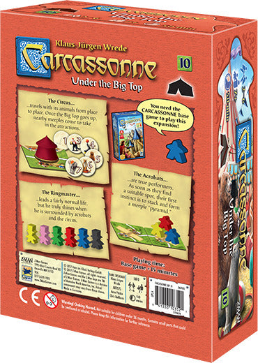 The back of the Carcassonne: Expansion 10 – Under the Big Top game box features vibrant artwork and detailed game mechanics. It showcases elements like the Circus, Acrobats, and Ringmaster, with colorful game pieces and icons illustrating the game. The box indicates the expansion requires the base Carcassonne game to play and provides playing time of approximately 35 minutes.