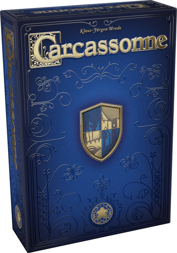 Carcassonne 20th Anniversary game box by Z-Man, featuring intricate blue design and gold accents. The box showcases the game's title and a shield emblem, perfect for board game enthusiasts.