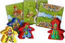 Carcassonne 20th Anniversary board game by Z-Man featuring colorful meeples in various shapes. The game includes landscape tiles showing detailed medieval scenes with buildings, a river, and roads, perfect for strategic gameplay.