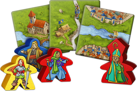 Carcassonne 20th Anniversary board game by Z-Man featuring colorful meeples in various shapes. The game includes landscape tiles showing detailed medieval scenes with buildings, a river, and roads, perfect for strategic gameplay.
