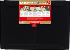 PortaPuzzle Standard 1000pc jigsaw puzzle storage board by Jumbo. The black carrier features a padded front and back with a zipper. It is designed for puzzles ranging from 500 to 1000 pieces, providing a convenient way to keep puzzle pieces organized and safe. The packaging includes instructions and images demonstrating its use. Ideal for puzzle enthusiasts looking for an efficient storage solution.