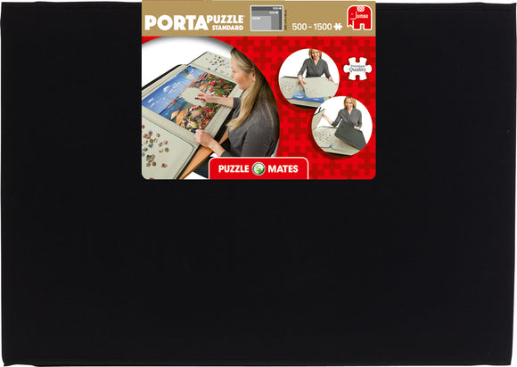 The PortaPuzzle Standard 1500pc from Jumbo is designed for assembling jigsaw puzzles. It features a portable mat that allows users to work on 500 to 1500-piece puzzles with ease. The image showcases a woman using the puzzle board, highlighting its practicality and user-friendly design.