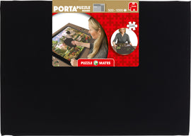 Portapuzzle Board designed for jigsaw puzzles up to 1000 pieces. The board shows a user working on a jigsaw puzzle featuring a colorful garden scene. The packaging highlights its durable design and premium quality, ideal for organizing puzzle pieces.