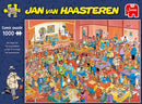A vibrant and detailed jigsaw puzzle featuring a bustling scene of a magic fair, filled with characters engaged in various activities, colorful stalls, and whimsical elements. The artwork by Jan van Haasteren showcases a lively atmosphere and intricate comedic details.