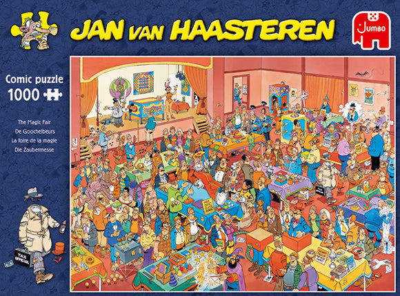 A vibrant and detailed jigsaw puzzle featuring a bustling scene of a magic fair, filled with characters engaged in various activities, colorful stalls, and whimsical elements. The artwork by Jan van Haasteren showcases a lively atmosphere and intricate comedic details.