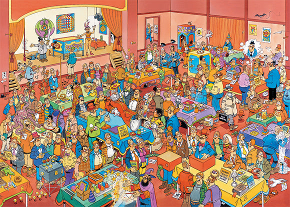 A colorful jigsaw puzzle depicting a bustling magic fair scene, featuring various characters engaging in activities like performing magic tricks, shopping, and socializing around tables filled with whimsical items and decorations. The detailed illustration captures a lively atmosphere with an audience enjoying the performances and vendors showcasing their magical wares.