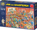 The Magic Fair Jan Van Haasteren jigsaw puzzle by Jumbo, featuring a colorful, busy scene depicting various characters at a fair with activities, stalls, and magical elements. The box showcases bright graphics that invite puzzlers to enjoy assembling this 1000-piece challenge.