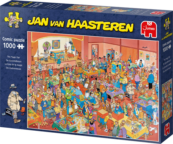 The Magic Fair Jan Van Haasteren jigsaw puzzle by Jumbo, featuring a colorful, busy scene depicting various characters at a fair with activities, stalls, and magical elements. The box showcases bright graphics that invite puzzlers to enjoy assembling this 1000-piece challenge.