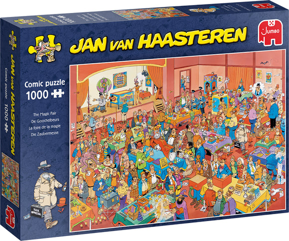 Jigsaw puzzle titled 'The Magic Fair' by Jan Van Haasteren, featuring a vibrant and colorful comic scene with numerous characters engaged in various activities at a fair. The puzzle includes 1000 pieces and is packaged in a detailed box showcasing the intricate artwork.