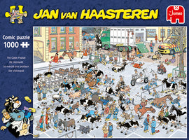 A colorful jigsaw puzzle featuring a bustling cattle market scene. The intricate details showcase numerous cows, people interacting, and various activities taking place in a lively town square. The artwork by Jan van Haasteren highlights a humorous comic style with many playful elements, ideal for puzzle enthusiasts.