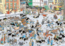 A vibrant jigsaw puzzle depicting a bustling cattle market scene, filled with cartoonish characters interacting with various farm animals, including cows, horses, and sheep, set against a humorous backdrop of a town street with colorful buildings and vehicles. The image captures the chaos and charm of rural life with whimsical details, inviting viewers to explore the lively market dynamics.