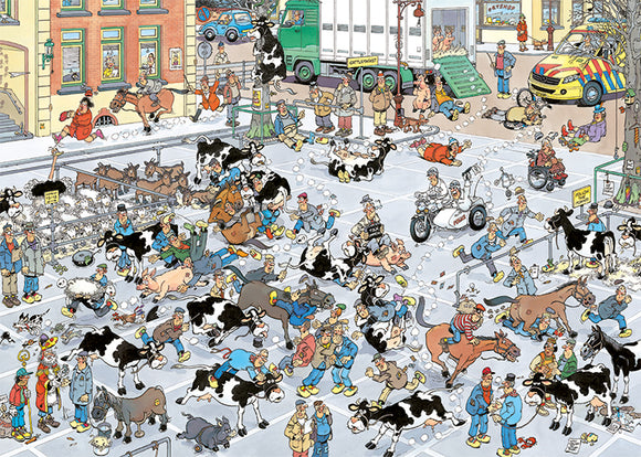 A vibrant jigsaw puzzle depicting a bustling cattle market scene, filled with cartoonish characters interacting with various farm animals, including cows, horses, and sheep, set against a humorous backdrop of a town street with colorful buildings and vehicles. The image captures the chaos and charm of rural life with whimsical details, inviting viewers to explore the lively market dynamics.