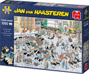 Cattle Market jigsaw puzzle by Jan van Haasteren featuring a lively scene of cows, people, and various activities at a busy market. The colorful box depicts whimsical cartoon characters and humorous situations, perfect for puzzle enthusiasts.