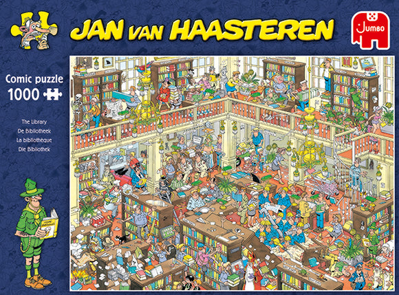 A colorful jigsaw puzzle titled 'The Library' created by Jumbo, featuring an intricate comic scene crowded with playful characters in a lively library setting. The image includes bookshelves filled with books, various characters engaging in different activities, and a warm atmosphere that invites exploration and fun. It consists of 1000 pieces, perfect for puzzle enthusiasts who enjoy detailed illustrations and whimsical themes.
