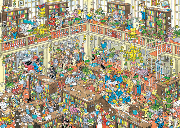 A vibrant and detailed jigsaw puzzle titled 'The Library' by Jumbo, depicting a bustling library filled with diverse characters reading, working, and interacting. The scene showcases bookshelves lined with colorful books, tables with scattered papers and plants, and various activities happening throughout the multi-level space. Ideal for puzzle enthusiasts who enjoy intricate designs and lively settings.