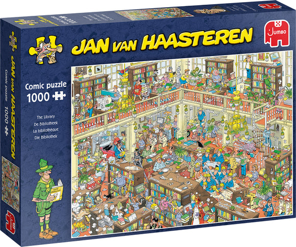 A vibrant jigsaw puzzle titled 'The Library' by Jumbo, featuring a detailed and humorous illustration of a chaotic library filled with colorful characters, bookshelves, and various activities. The puzzle consists of 1000 pieces and showcases intricate details, inviting hours of fun for puzzle enthusiasts.