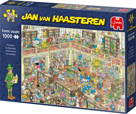 Colorful jigsaw puzzle box of 'The Library' by Jumbo featuring a lively library scene filled with humorous characters and vibrant details. The cover shows a bustling interior with people reading, working, and enjoying the chaotic charm of a library. This 1000-piece comic puzzle invites puzzlers of all ages to dive into a fun and engaging experience.