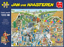 The Winery Jan van Haasteren jigsaw puzzle by Jumbo, featuring a colorful, comic-style illustration of a bustling winery scene. Depicted are multiple characters engaged in various activities such as grape harvesting, wine processing, and festive celebrations, surrounded by barrels, tractors, and lush vineyards. This 1000-piece puzzle offers a delightful challenge for puzzle enthusiasts.