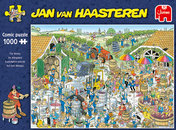 The Winery Jan van Haasteren jigsaw puzzle by Jumbo, featuring a colorful, comic-style illustration of a bustling winery scene. Depicted are multiple characters engaged in various activities such as grape harvesting, wine processing, and festive celebrations, surrounded by barrels, tractors, and lush vineyards. This 1000-piece puzzle offers a delightful challenge for puzzle enthusiasts.
