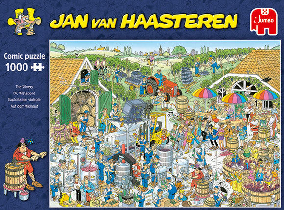 The Winery Jan van Haasteren jigsaw puzzle by Jumbo, featuring a colorful, comic-style illustration of a bustling winery scene. Depicted are multiple characters engaged in various activities such as grape harvesting, wine processing, and festive celebrations, surrounded by barrels, tractors, and lush vineyards. This 1000-piece puzzle offers a delightful challenge for puzzle enthusiasts.