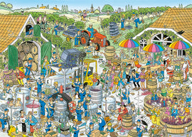 A colorful jigsaw puzzle illustration depicting a bustling winery scene. The image is filled with characters engaged in various activities such as harvest, grape crushing, and wine making. There are barrels, machinery, and a scenic vineyard in the background, creating a lively and intricate tableau.