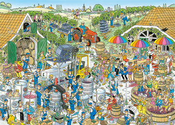 A colorful jigsaw puzzle illustration depicting a bustling winery scene. The image is filled with characters engaged in various activities such as harvest, grape crushing, and wine making. There are barrels, machinery, and a scenic vineyard in the background, creating a lively and intricate tableau.