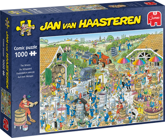The Winery Jan van Haasteren jigsaw puzzle by Jumbo features a colorful, comedic illustration of a vineyard scene with various characters engaging in wine-making activities. It consists of 1000 pieces, showcasing a lively atmosphere filled with barrels, machinery, and cheerful workers in a picturesque setting.