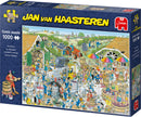 A colorful jigsaw puzzle box featuring an illustration of a bustling winery scene with animated characters engaging in various activities like grape harvesting, wine processing, and enjoying a festival. The puzzle consists of 1000 pieces and is designed by Jan van Haasteren, produced by Jumbo.