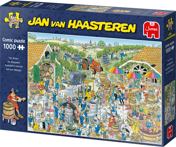 A colorful jigsaw puzzle box featuring an illustration of a bustling winery scene with animated characters engaging in various activities like grape harvesting, wine processing, and enjoying a festival. The puzzle consists of 1000 pieces and is designed by Jan van Haasteren, produced by Jumbo.