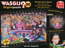 Wasgij Original 30 Strictly jigsaw puzzle. Features a humorous dance competition scene with animated characters in flamboyant costumes, showcasing various expressions and poses. The background includes an audience and a colorful judges' panel, implying a storyline that encourages puzzlers to imagine what they can't see.