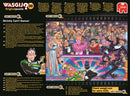 Wasgij Original 30 Strictly jigsaw puzzle featuring a colorful and humorous scene from a dance competition. Characters express varied emotions as they watch contestants perform on stage, with a lively audience reacting in the background. The artwork includes hints in multiple languages and promotional details for the Wasgij brand.