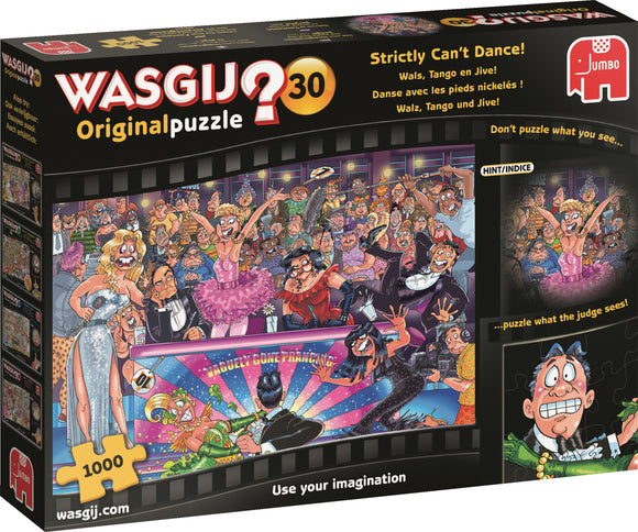 Wasgij Original 30 Strictly jigsaw puzzle featuring a vibrant dance scene with various characters. The artwork includes lively dancers, an audience, and humorous elements. This 1000-piece puzzle invites puzzlers to imagine the unseen scene that a judge observing the performance might see, making it a fun challenge for puzzle enthusiasts.