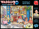 Wasgij Mystery 18 Grabbing puzzle by Jumbo featuring a lively café scene. People are dining, enjoying drinks, and interacting in a colorful, whimsical environment with intricate details. The puzzle challenges you to use your imagination to figure out what happens next, adding a unique twist to traditional jigsaw puzzles. This engaging 1000-piece puzzle offers hours of entertainment.
