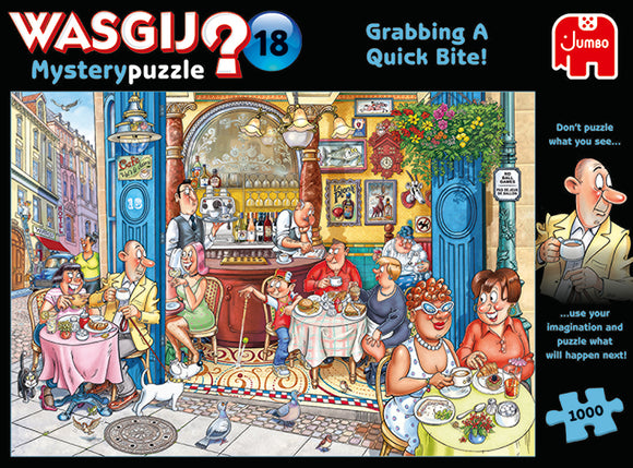 Wasgij Mystery 18 Grabbing puzzle by Jumbo featuring a lively café scene. People are dining, enjoying drinks, and interacting in a colorful, whimsical environment with intricate details. The puzzle challenges you to use your imagination to figure out what happens next, adding a unique twist to traditional jigsaw puzzles. This engaging 1000-piece puzzle offers hours of entertainment.