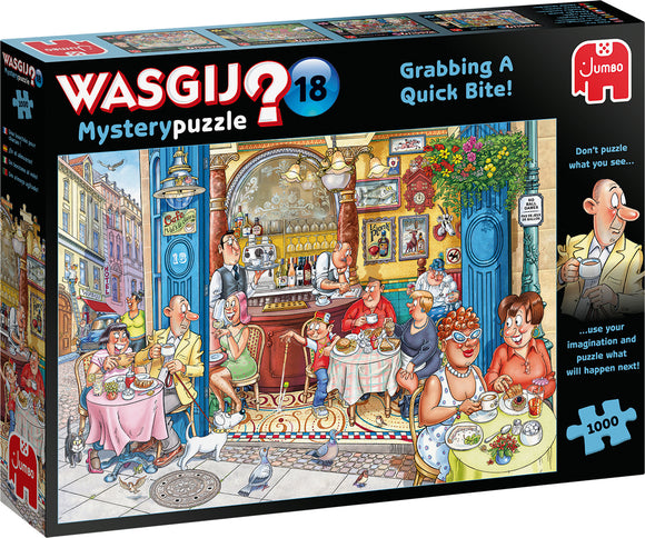 Wasgij Mystery 18 Grabbing jigsaw puzzle by Jumbo. The colorful image features a bustling cafe scene with various characters enjoying a meal and drinks. The puzzle invites players to use their imagination and solve what happens next in this 1000-piece mystery puzzler, making it an entertaining choice for puzzle enthusiasts.