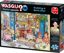 Wasgij Mystery 18 Grabbing jigsaw puzzle by Jumbo features a colorful, humorous scene in a café, showing various characters interacting and enjoying their meals, inviting the puzzler to imagine what happens next.