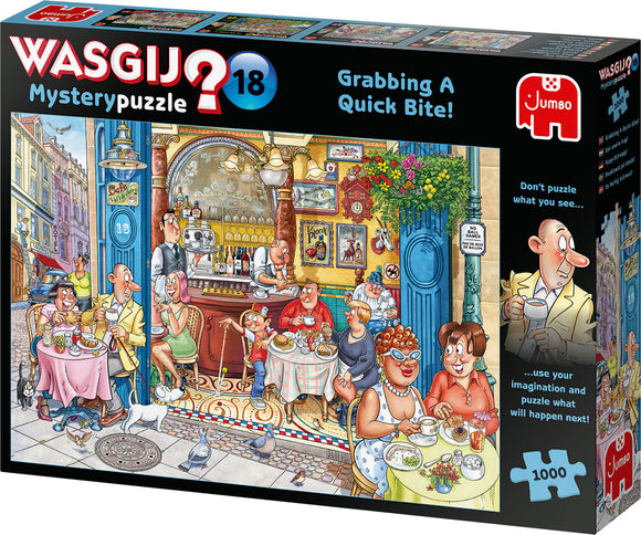 Wasgij Mystery 18 Grabbing jigsaw puzzle by Jumbo features a colorful, humorous scene in a café, showing various characters interacting and enjoying their meals, inviting the puzzler to imagine what happens next.
