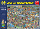 Jigsaw puzzle 'The Pharmacy' by Jan van Haasteren featuring a vibrant, chaotic scene filled with various characters, items, and humor in a pharmacy setting. The puzzle consists of 1000 pieces, showcasing detailed comic artwork with many engaging elements for puzzlers to explore.