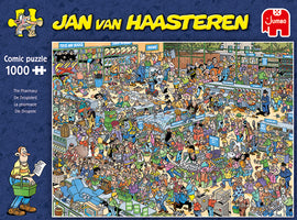 Jigsaw puzzle 'The Pharmacy' by Jan van Haasteren featuring a vibrant, chaotic scene filled with various characters, items, and humor in a pharmacy setting. The puzzle consists of 1000 pieces, showcasing detailed comic artwork with many engaging elements for puzzlers to explore.